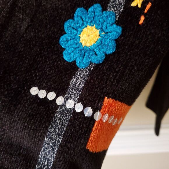 VTG 90s Black Floral Beaded Chenille Cardigan Sweater S M Artsy Cottage Granny - Picture 4 of 12